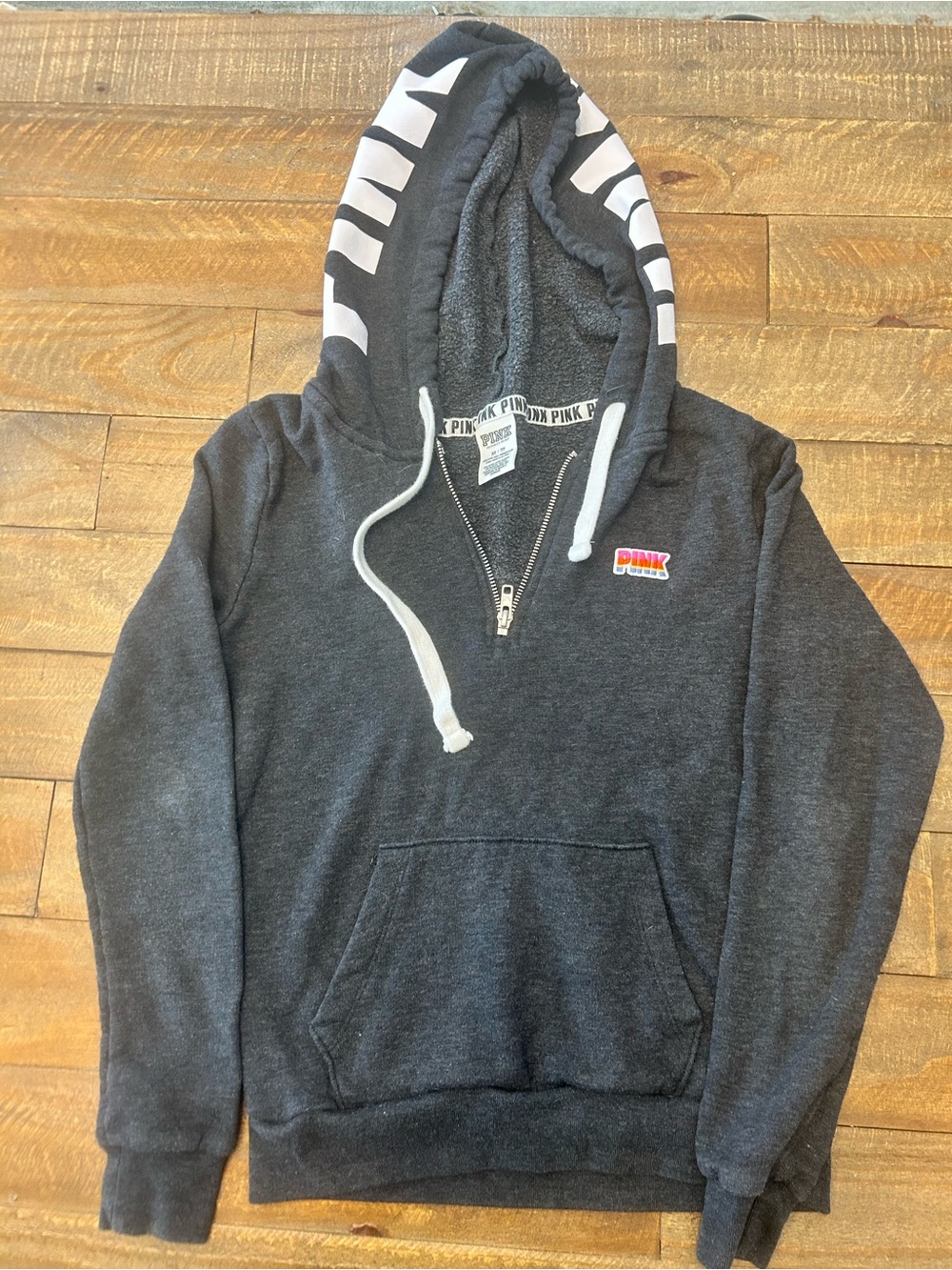 Victoria’s Secret Pink Brand Dark Gray Pullover Hoodie Size XS Front Hand Pocket